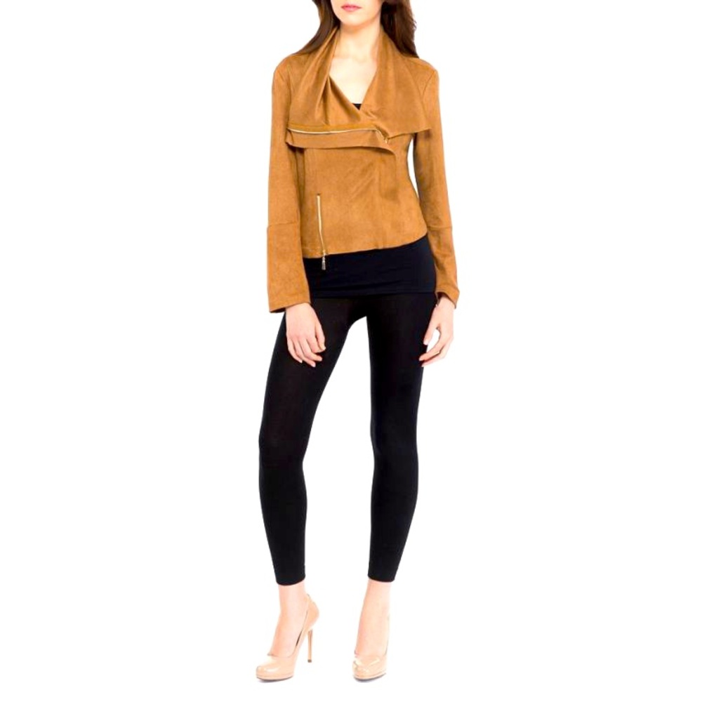 LeShop Mustard Faux Suede Moto Jacket Waterfall Collar Large